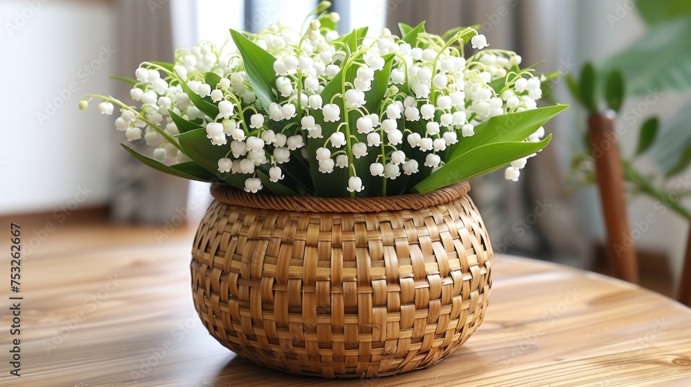 a vase filled with white flowers sitting on top of a wooden table next to a potted plant on top of a wooden table.