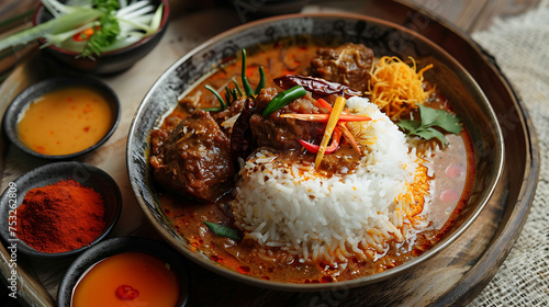 rendang curry served with aromatic rice and crispy kerupuk photo
