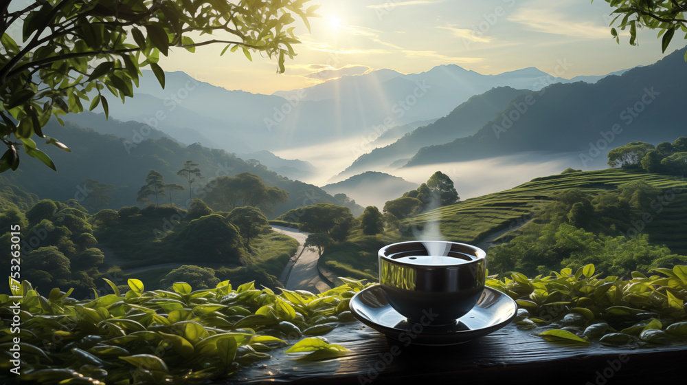 A cup of steaming tea  on the background of  tea plantation and mountains under the sunrays - obrazy, fototapety, plakaty 