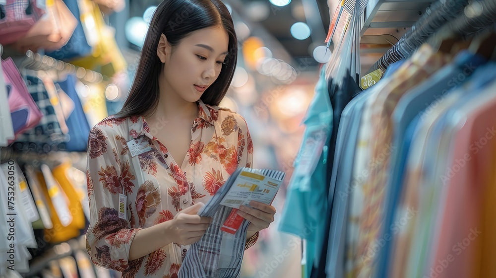 Asian Woman Examining Clothes and Price Tags While Shopping at Clothing Store: Consumer Behavior Scene