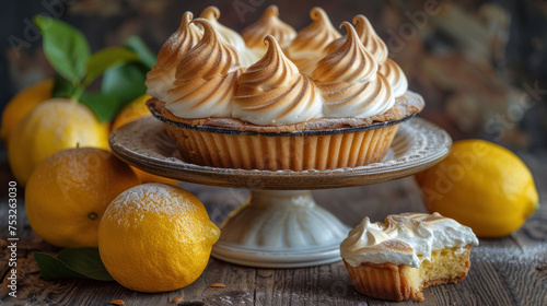a cupcake sitting on top of a cake plate next to lemons and a cupcake on a plate. photo