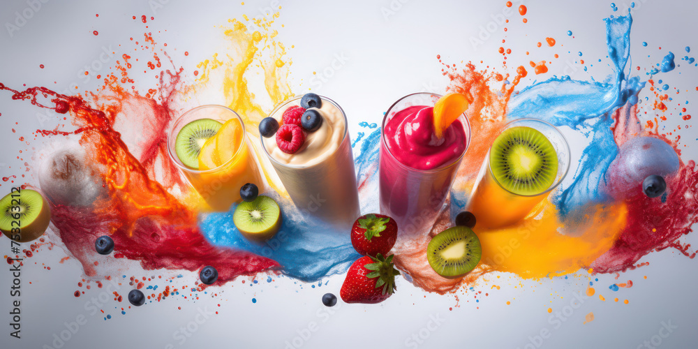 Colorful Fresh Smoothie Glass with Delicious Summer Berries and Yogurt on White Wooden Background Colorful Fresh Smoothie Glass with Delicious Summer Berries and Yogurt on White Wooden Background