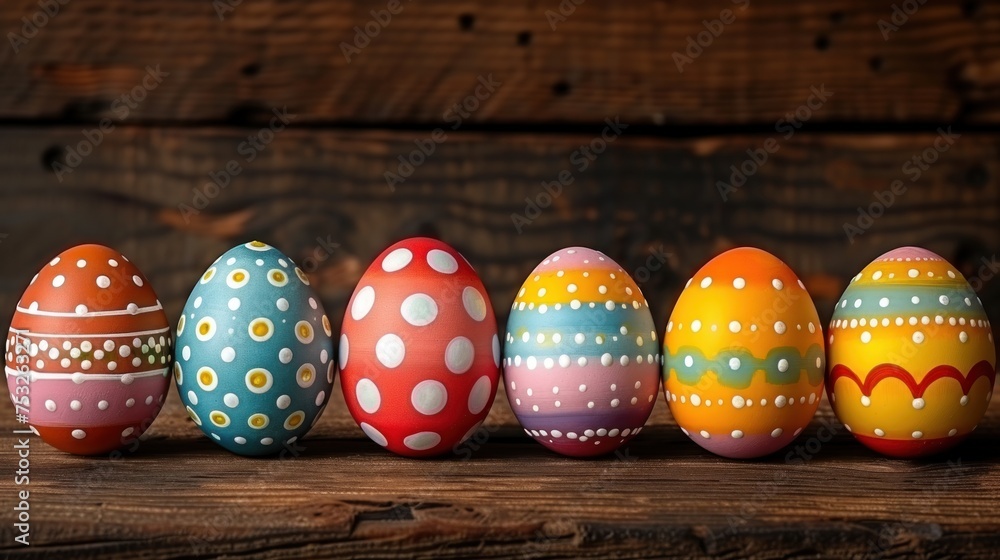 a row of painted eggs sitting next to each other on top of a wooden table in front of a wooden wall.