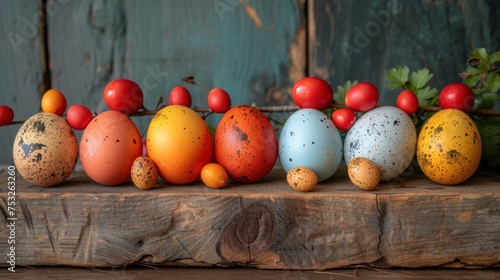 a row of painted eggs sitting on top of a wooden table next to tomatoes and lettuce on top of them. photo