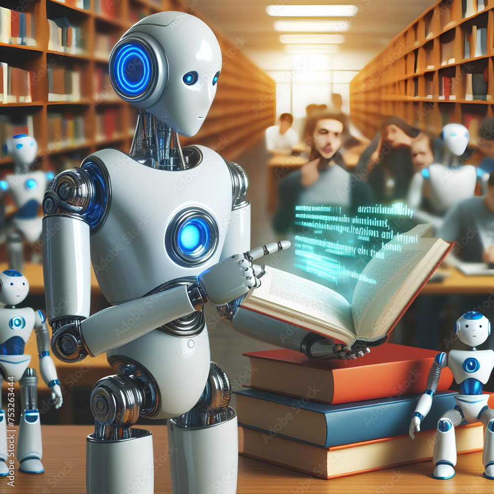 Fototapeta premium android artificial intelligence reading many books isolated on blurred library background