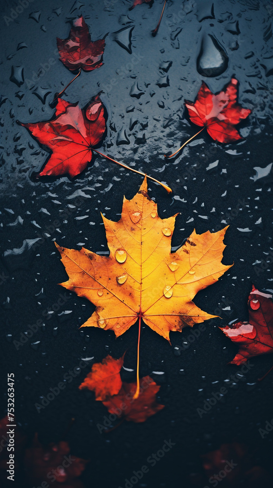 Fototapeta premium autumn leaves on the asphalt in the rain, Wallpapers for phone сreated with Generative Ai