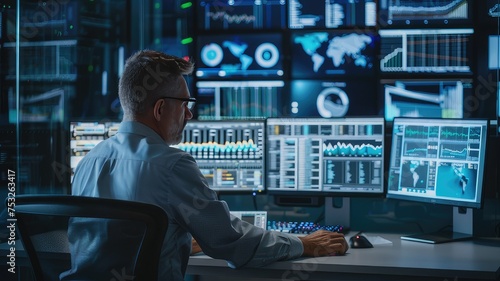 Cybersecurity Professional Working on Multiple Monitors: Digital Security Operations Center Scene