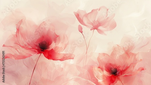 Beautiful watercolor drawing of delicate pink and red flowers on a white background