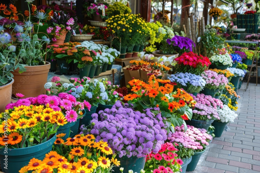 A flower shop, beautiful colorful flowers outdoor.