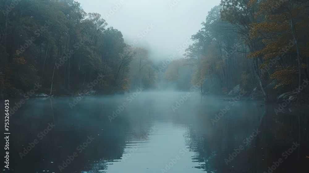 a body of water surrounded by trees in the middle of a foggy day with a boat in the middle of the water.