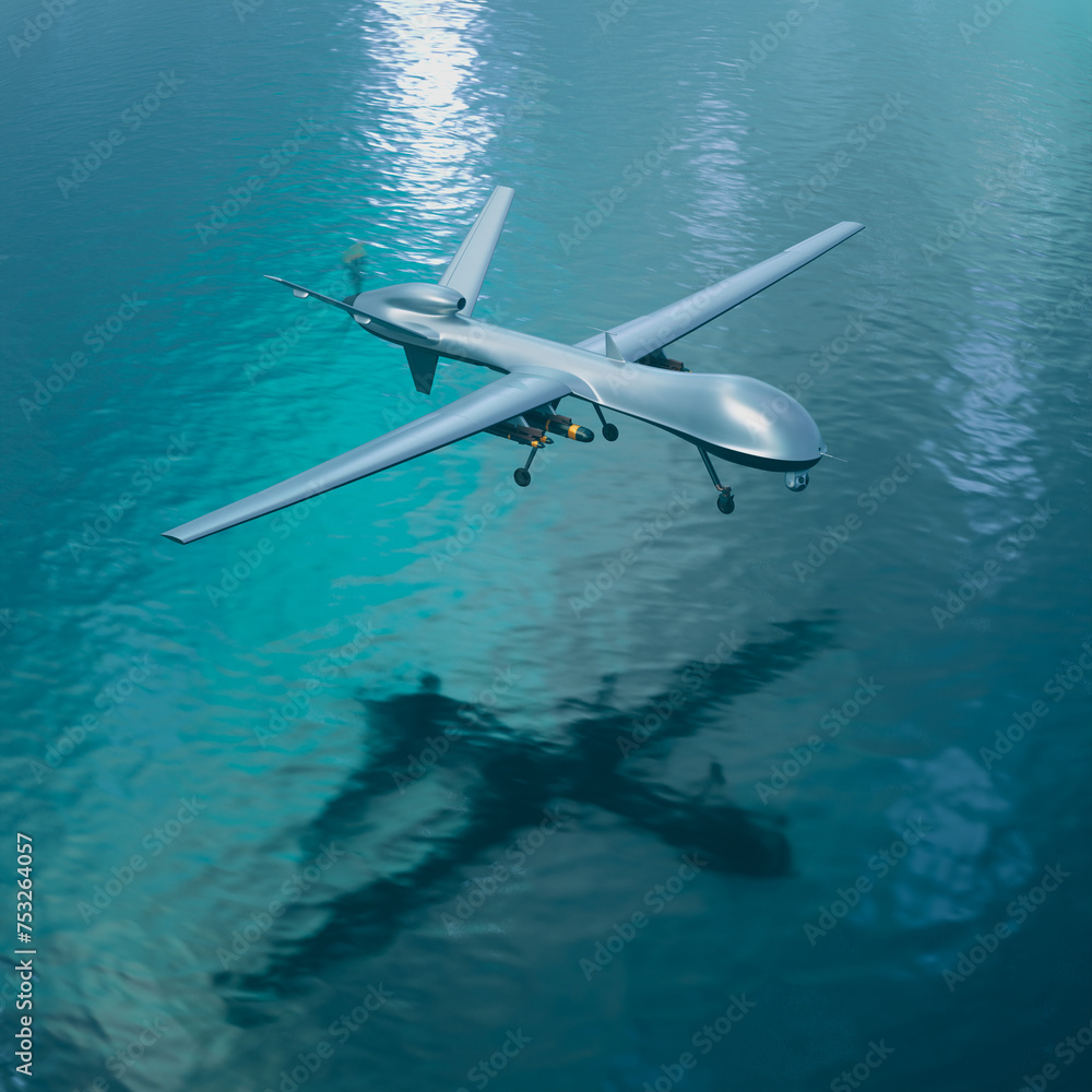 Advanced Unmanned Aerial Vehicle (UAV) Soaring Over a Calm Blue Sea Advanced Unmanned Aerial Vehicle (UAV) Soaring Over a Calm Blue Sea