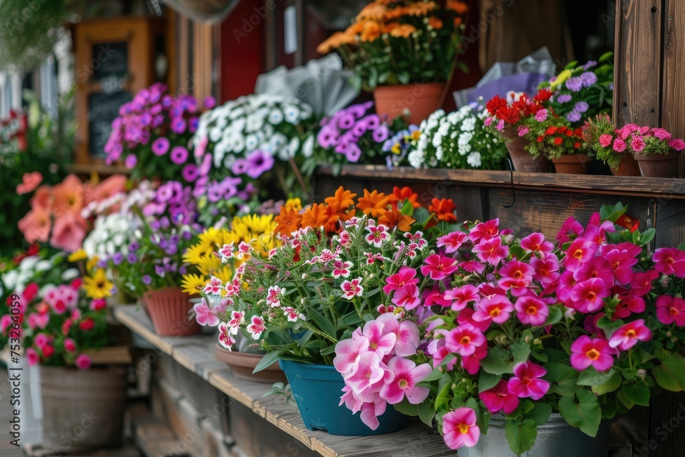 A flower shop, beautiful colorful flowers outdoor.