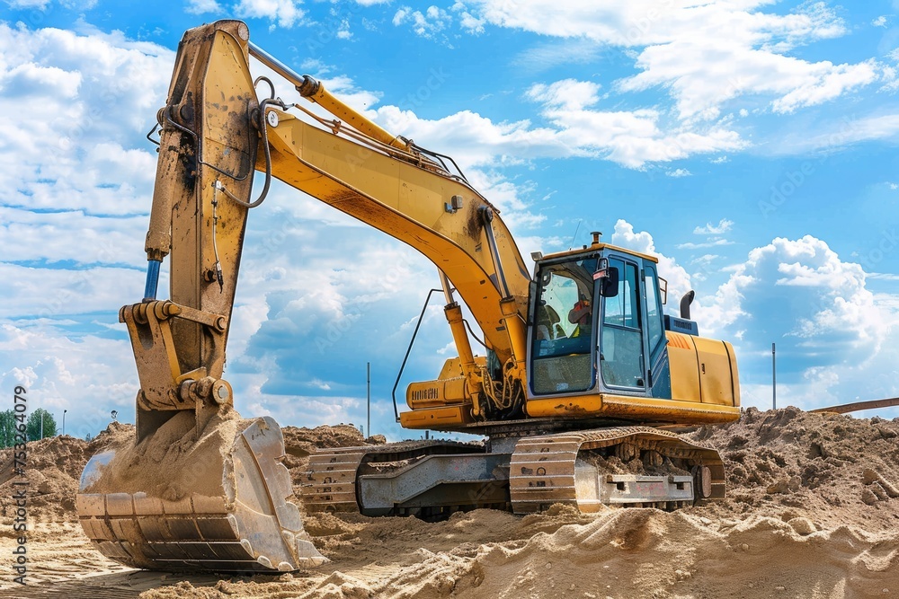 Excavator in the sand at the construction site. Excavator in the sand at the construction site.