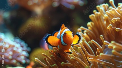 Amphiprion ocellaris clownfish and anemone in sea.