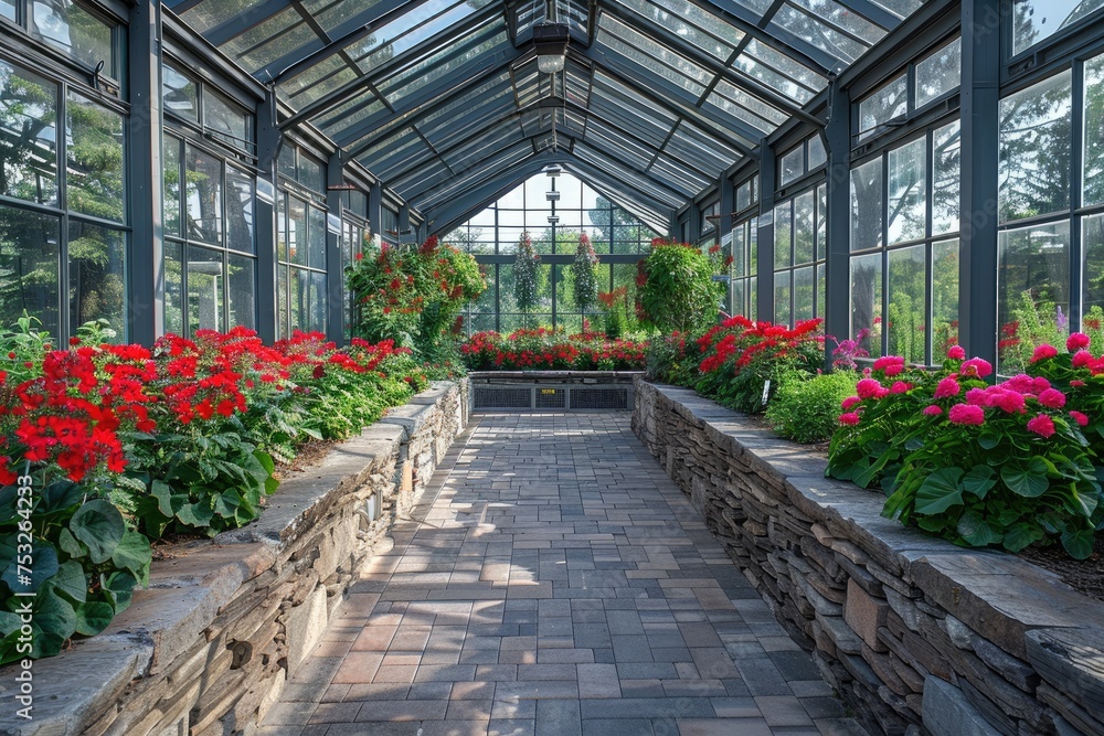 Large glass greenhouse with red flowers indoor and cultivation plants.