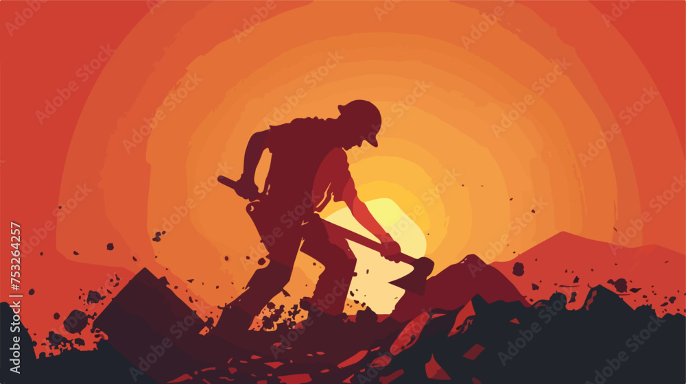 Silhouette of a worker in action pose using his axe