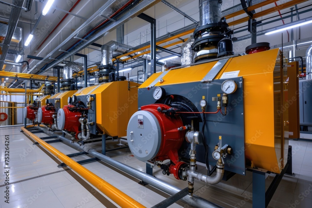 Modern boiler room with gas boilers, industrial heating.