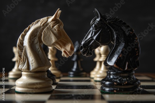 Two chess knights face each other in a tense moment on the chessboard photo