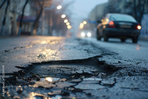 Old damaged asphalt pavement road with potholes in city. Car stopped near pothole photo