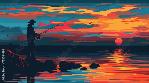 Silhouette of the fisherman on the beach