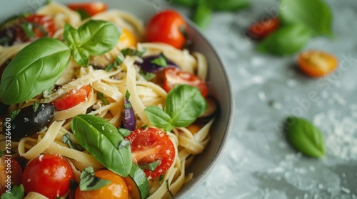 a close up of a bowl of pasta with tomatoes, basil, olives, and parmesan cheese.