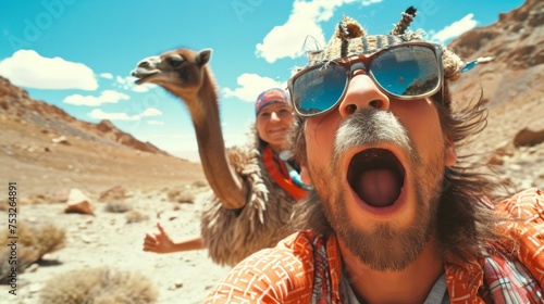 Happy hippie man in the desert with camel. Travel concept