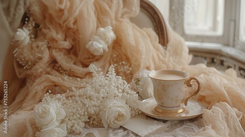 a cup and saucer sitting on top of a table next to a bouquet of baby's breath flowers. photo