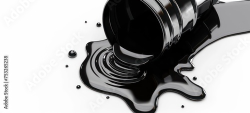 Environmental pollution, fossil fuel production and greenhouse gas concept theme with oil barrels and black pool of toxic petroleum spilled leaking from a barrel isolated on white background photo