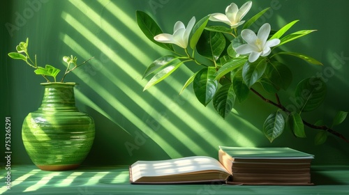 a green vase filled with white flowers next to an open book and a green vase with white flowers on a table.