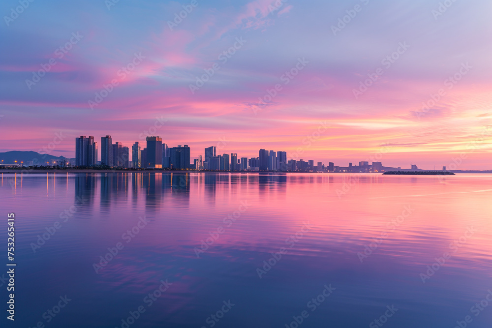 A panoramic view of a coastal city skyline during sunset
