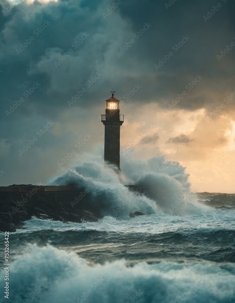  Storm with big waves over the lighthouse at the ocean