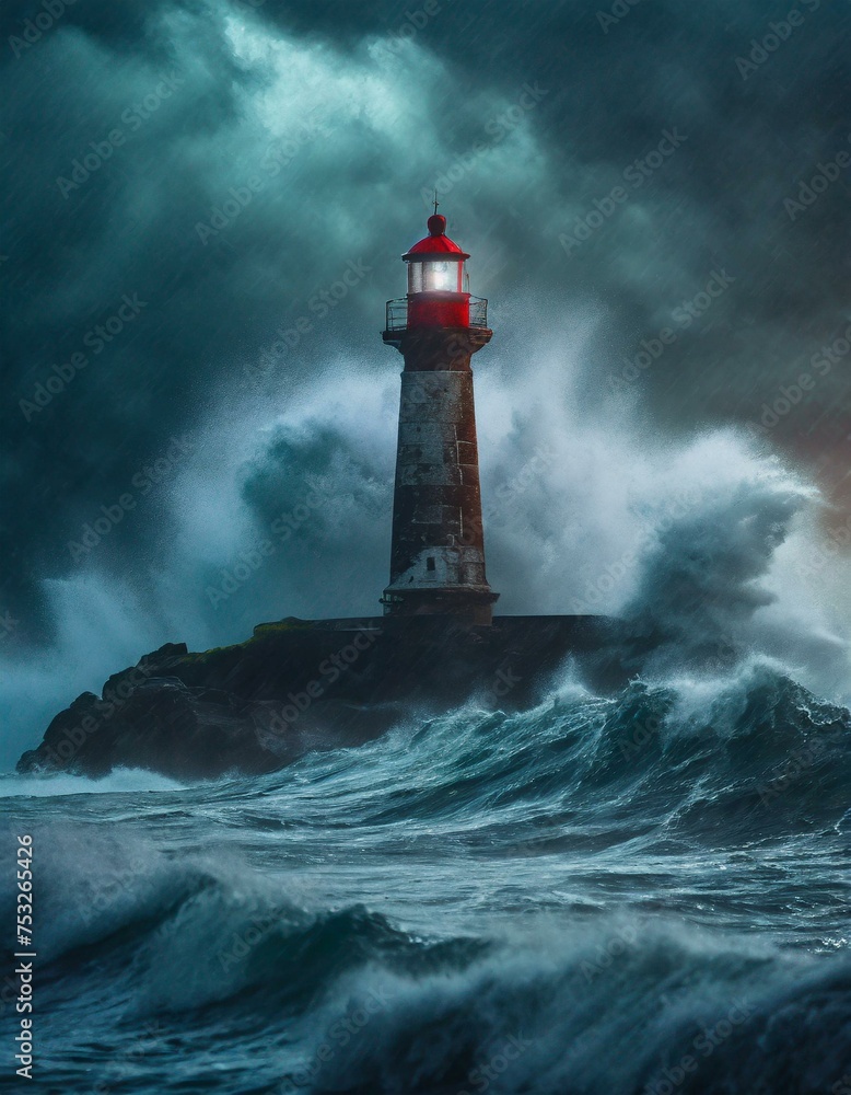  Storm with big waves over the lighthouse at the ocean