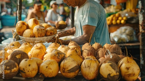 A vibrant marketplace scene, where vendors are selling fresh young coconuts to customers. One vendor open a coconut with a machete, ready to serve the coconut water directly from the fruit