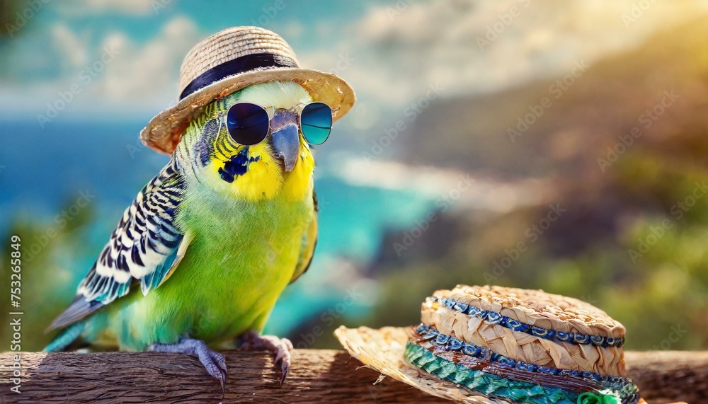 budgie in sunglasses and hat prepares for summer - obrazy, fototapety, plakaty 