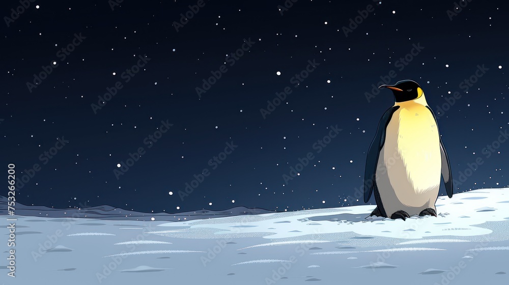 Fototapeta premium a penguin standing in the middle of a snow covered field with a night sky in the background and stars in the sky.
