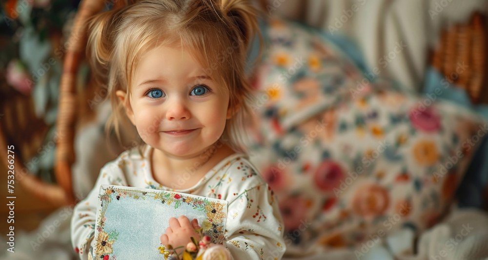 Small smiling child girl holding festive holiday card or letter to her mother. Happy mother's day concept. Generative ai Small smiling child girl holding festive holiday card or letter to her mother. Happy mother's day concept. Generative ai