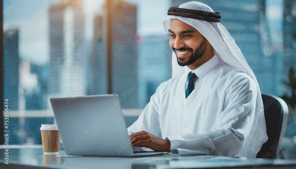 Successful muslim businessman in traditional white Kandura uses laptop in his modern office. Successful muslim businessman in traditional white Kandura uses laptop in his modern office.
