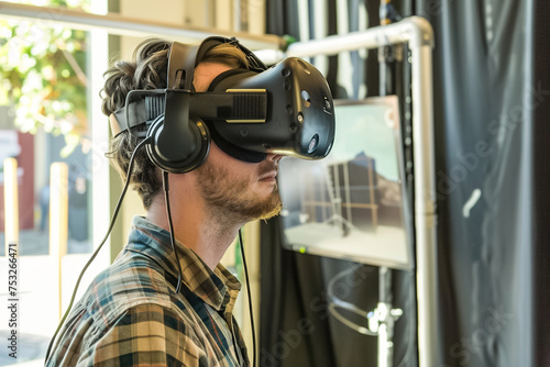 Designer prototypes VR experiences, integrating sensory feedback, programming interactive elements, and optimizing performance for immersive virtual reality simulations.