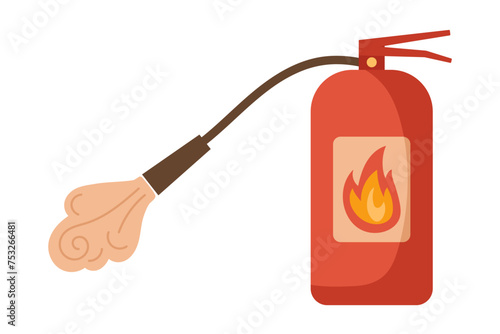 Fire extinguisher with Foam from nozzle. Means of extinguishing fires. Vector hand drawn illustration isolated on white background. Emergency equipment, extinguishing device for firefighting.