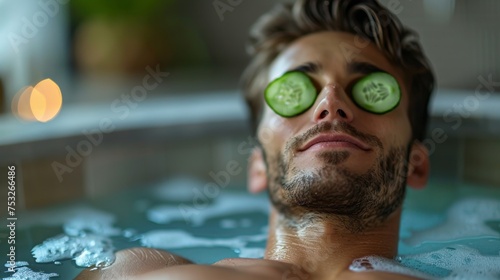 Young happy man with slices of cucumbers on his eyes lying in bathtub in sustainable bathroom relaxing at home. Concept of health, relax, self care and me time. Generative ai photo