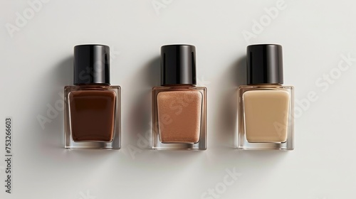 Frontal view of nail polish bottles standing on a pure white background, each filled with a different shade of beige. photo