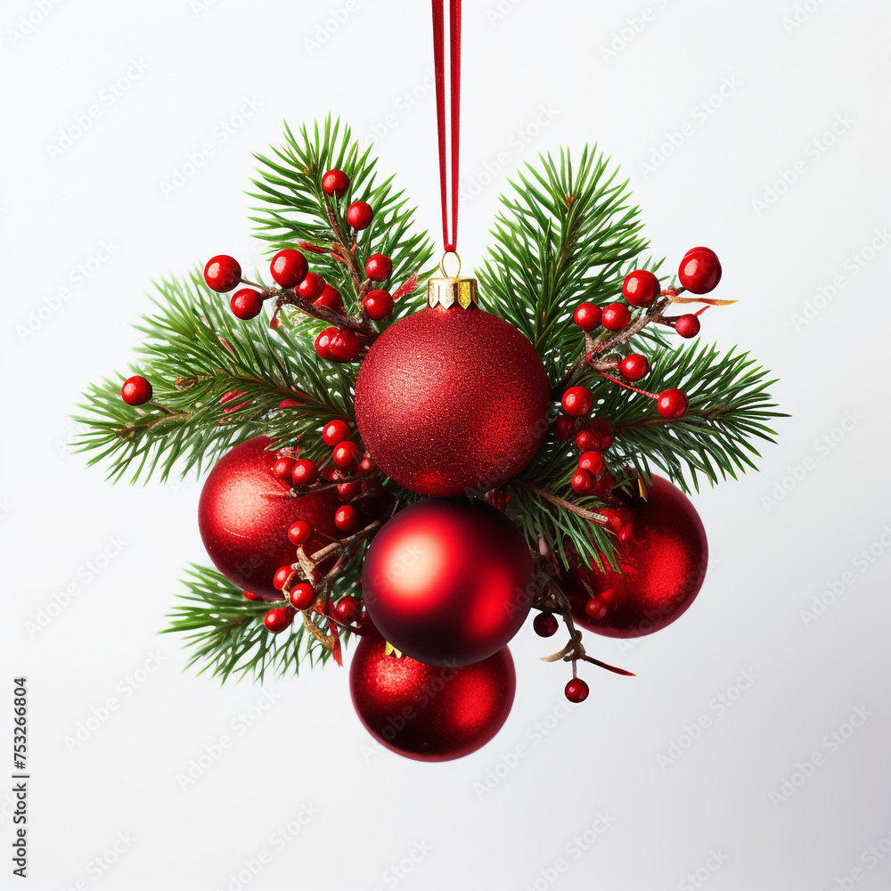 Fototapeta premium photo of Christmas tree decorations on a white background сreated with Generative Ai