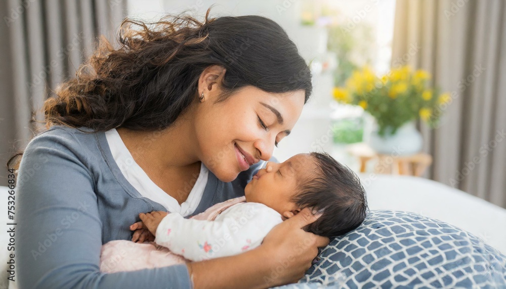 Tender bond Bright image of a mother's love with her peacefully sleeping infant at home bed Tender bond Bright image of a mother's love with her peacefully sleeping infant at home bed