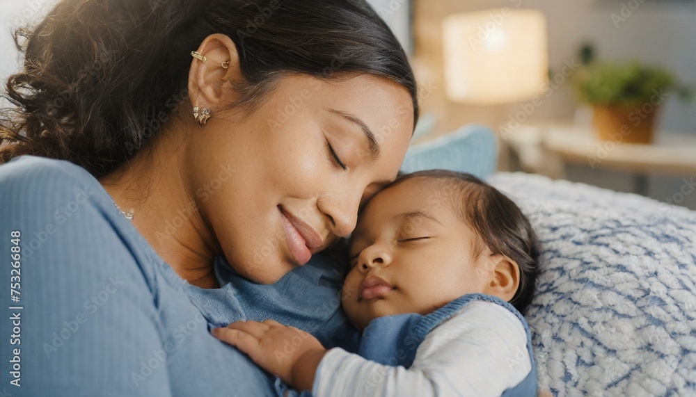 Tender bond Bright image of a mother's love with her peacefully sleeping infant at home bed