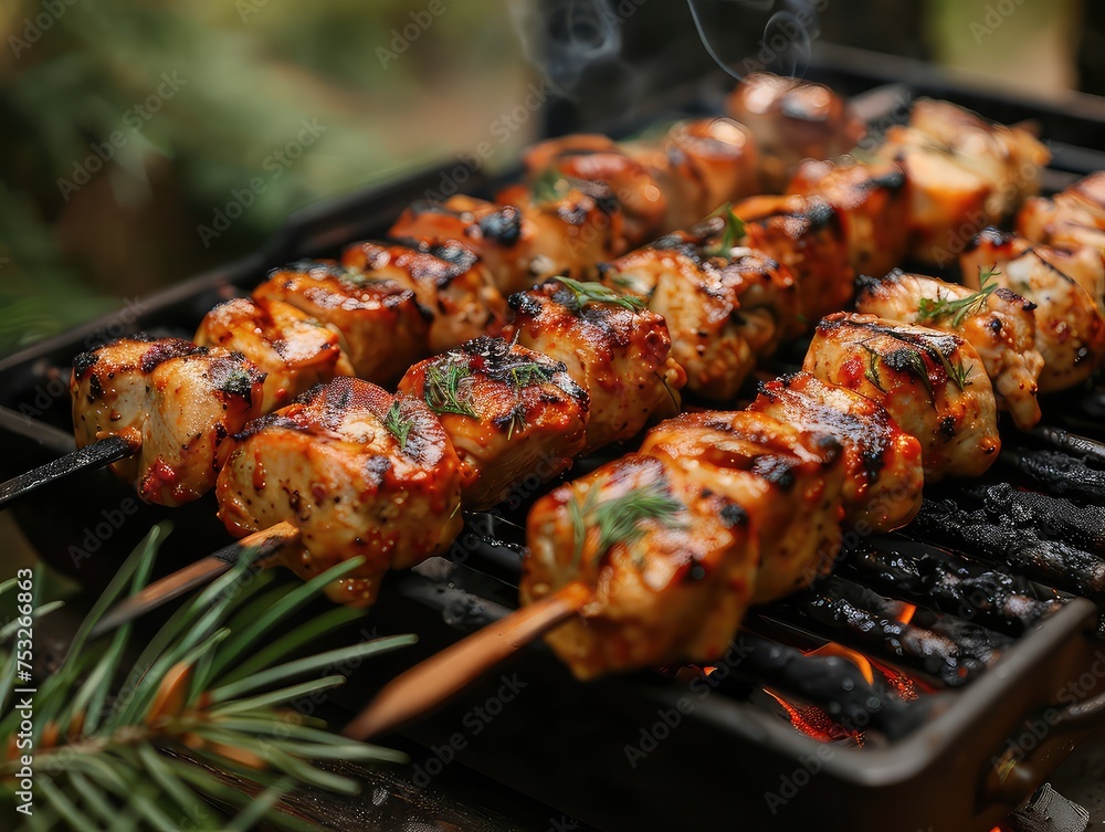 Sizzling Picnic Delight - Grilled Chicken Aromas - Nature's Beauty Frame - Chicken Skewers Sizzling on the Grill, Aromas Mingling with Pine Trees and Fresh Grass, Creating a Feast in Nature