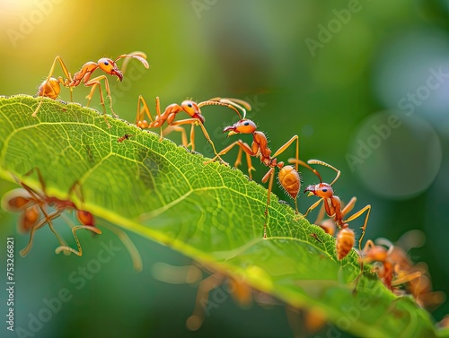 Ants in Action - Weaver Ants Collaborating - Tiny Teamwork Marvels - Weaver Ants Marching Along Green Leaves, Showcasing Intricate Teamwork and Coordination