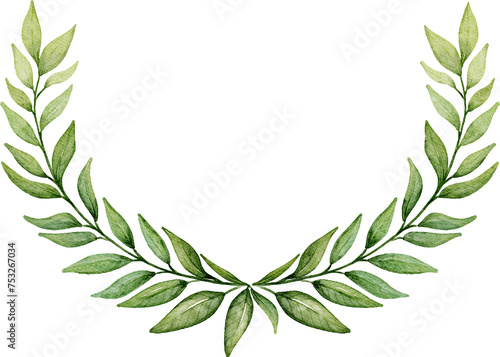 A watercolor illustration of a green laurel wreath, forming a semi-circle, isolated on a black background. Symbol of victory, peace, and achievement. Elegant and classic.