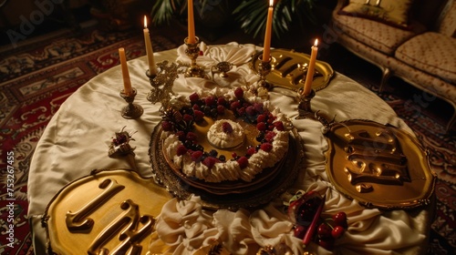 a table topped with a cake, candles, plates, and a cake plate with a cake on top of it. photo