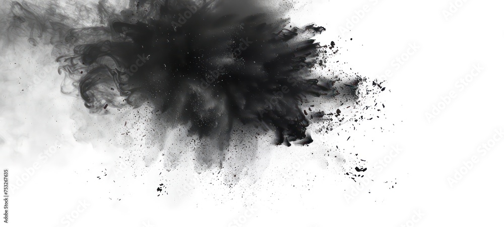 Black powder explosion isolated on white background, charcoal like particles concept. Black powder explosion isolated on white background, charcoal like particles concept.