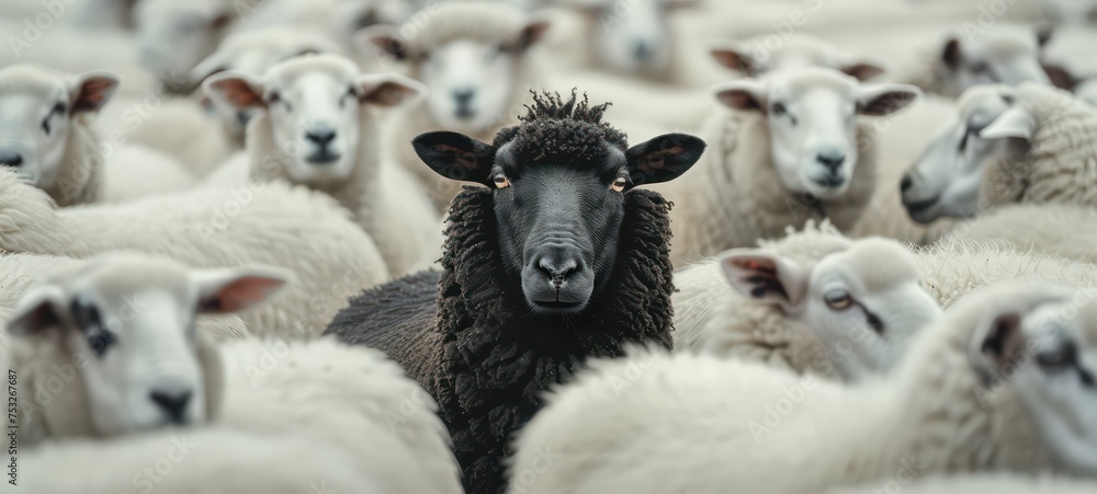 black sheep among a flock of white sheep, raising head as a leader black sheep among a flock of white sheep, raising head as a leader